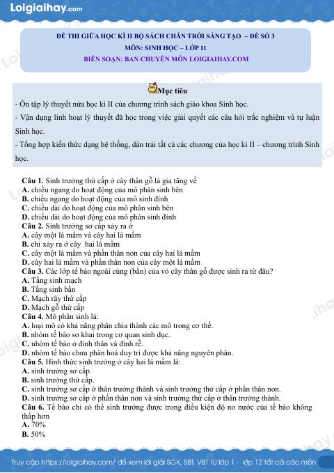 Đề thi giữa học kì 2 Sinh 11 Chân trời sáng tạo - Đề số 3